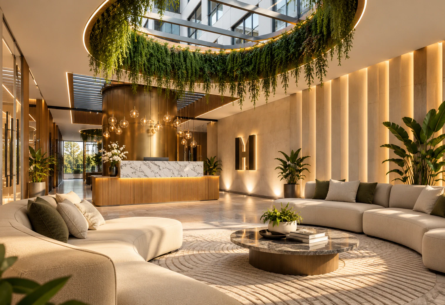 Lobby con iluminación cálida, sofás y plantas colgantes