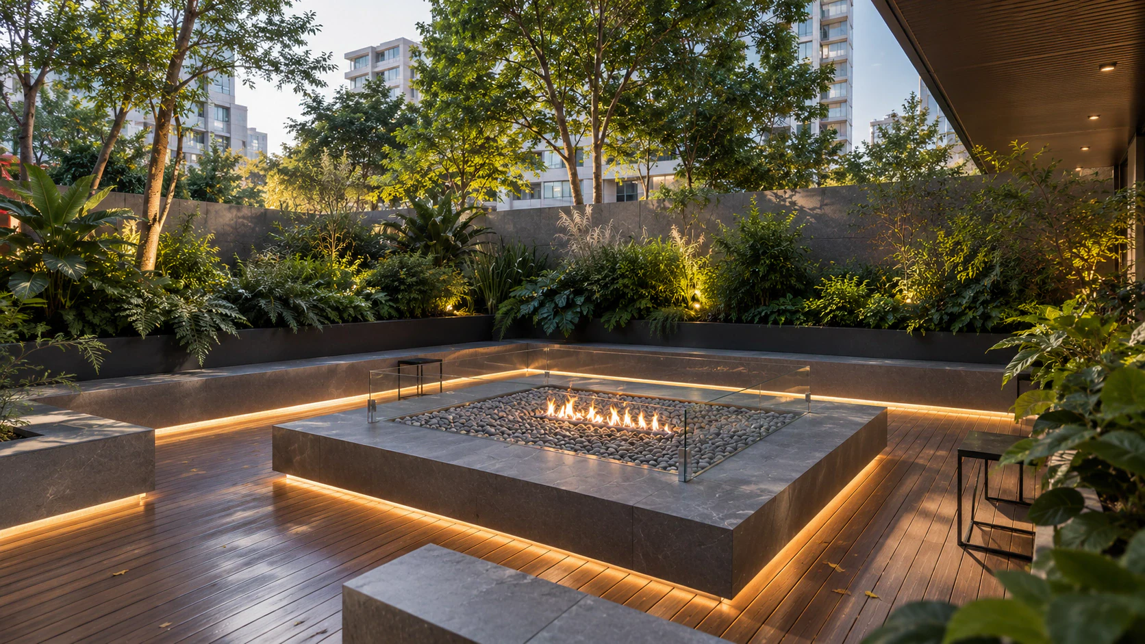 Patio urbano con fuego y vegetación