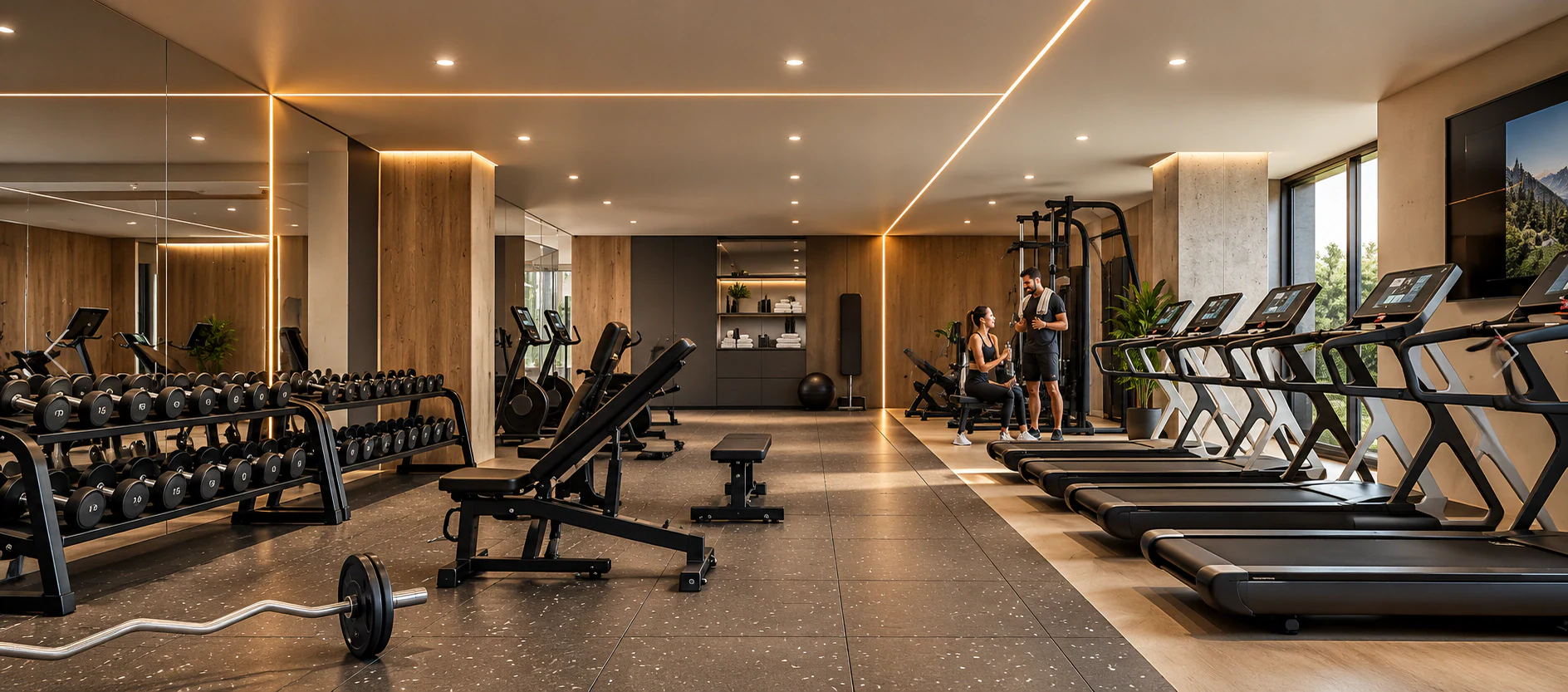 Gimnasio moderno con vistas al jardín