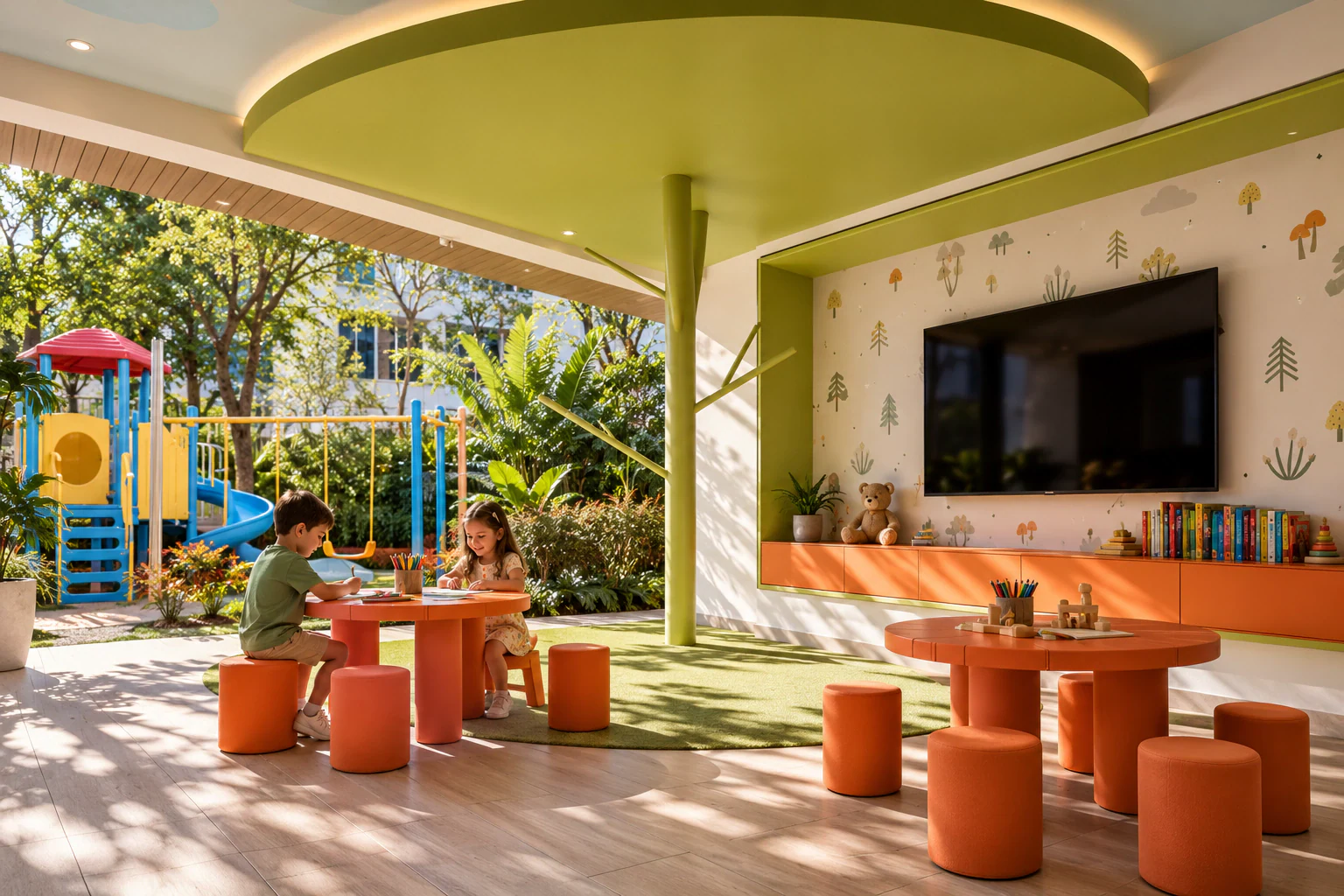 Ludoteca soleada con zona de juegos