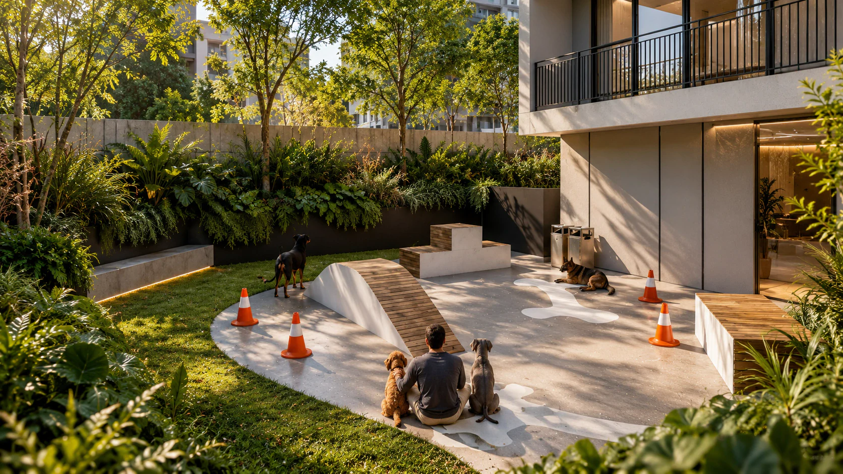 Parque canino moderno al atardecer