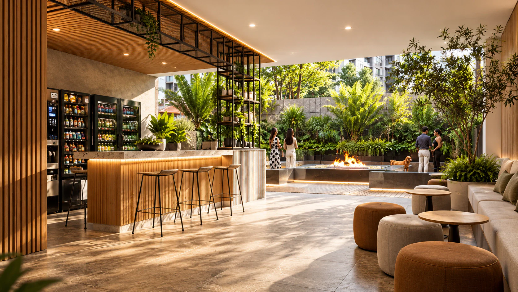 Salón tropical con bar y fogata