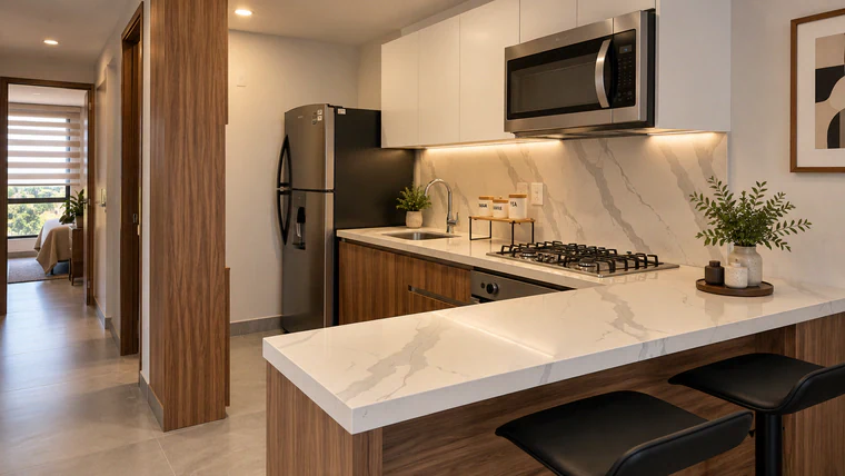 Cocina moderna en tonos cálidos